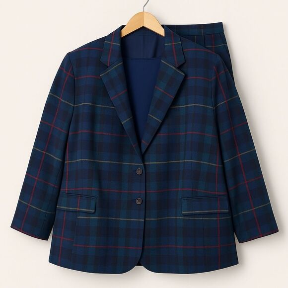 Pendlelton Blue Green Wool Smith Tartan Plaid Blazer & Shorts Set Size 16/18 - Picture 2 of 16